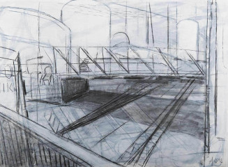 Kindheitsmuster (zu Christa Wolf) , 2012<br />
Schulweg (Schwarze Brücke)<br />
Zeichnung, Kohle, Kreide, 60 x 82 cm