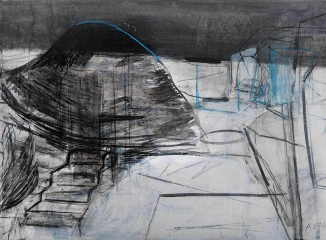 Kindheitsmuster (zu Christa Wolf) , 2012<br />
Abend am Berg (Oderbruchkippe)<br />
Zeichnung, Kohle, Kreide, 57 x 76 cm