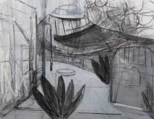 Kindheitsmuster (zu Christa Wolf) , 2012<br />
Der Weg zum Berg<br />
Zeichnung, Kohle, Kreide, 36 x 47 cm